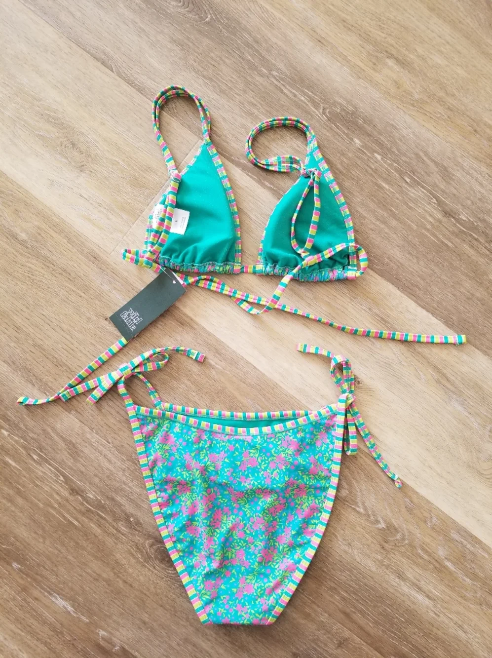 NWT Wild Fable Green Floral Low Rise Cheeky Bikini Top & Bottom Set Size Small